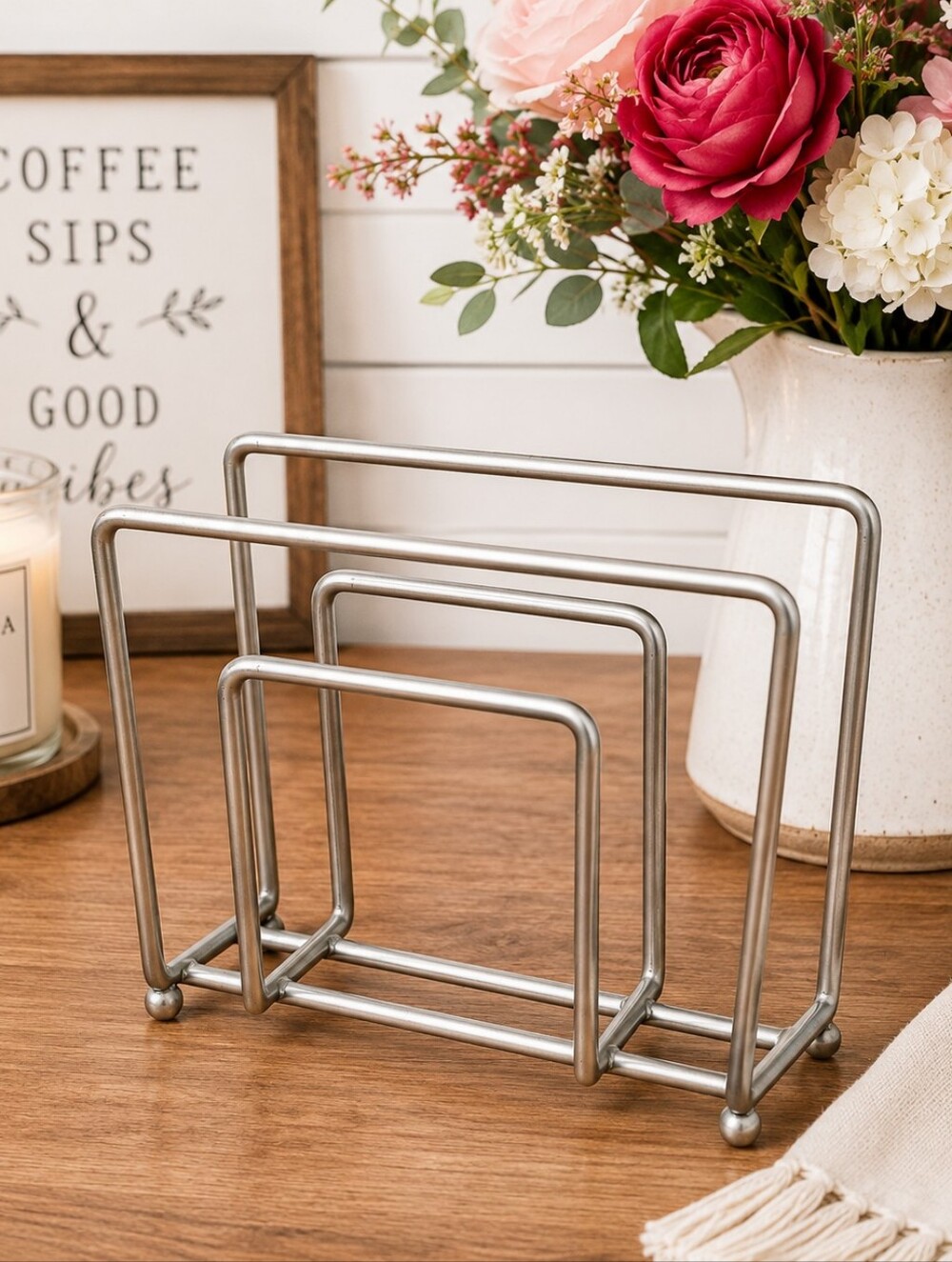 Silver Metal Napkin Holder | Modern Farmhouse Kitchen Organizer | 6" x 5" | EUC - Picture 6 of 7